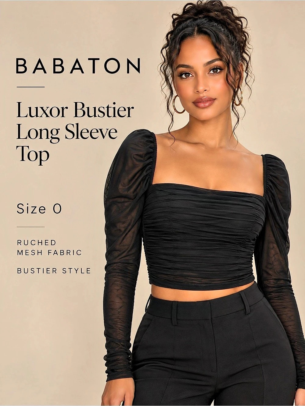 Aritzia Babaton Luxor Bustier Long Sleeve Ruched Mesh Top Black Size 0